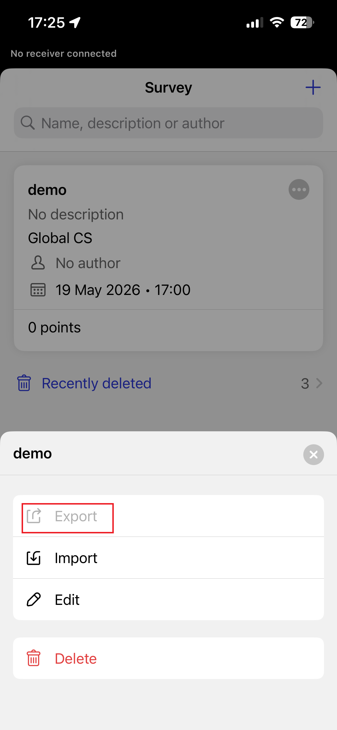 Emlid Flow survey list with Export option highlighted