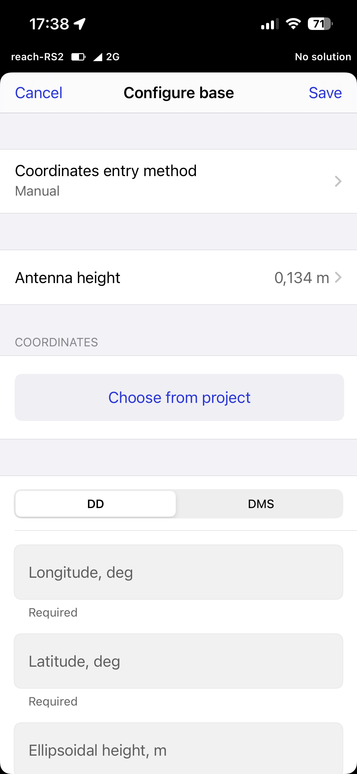 Emlid Flow Configure base screen with Manual coordinates entry method