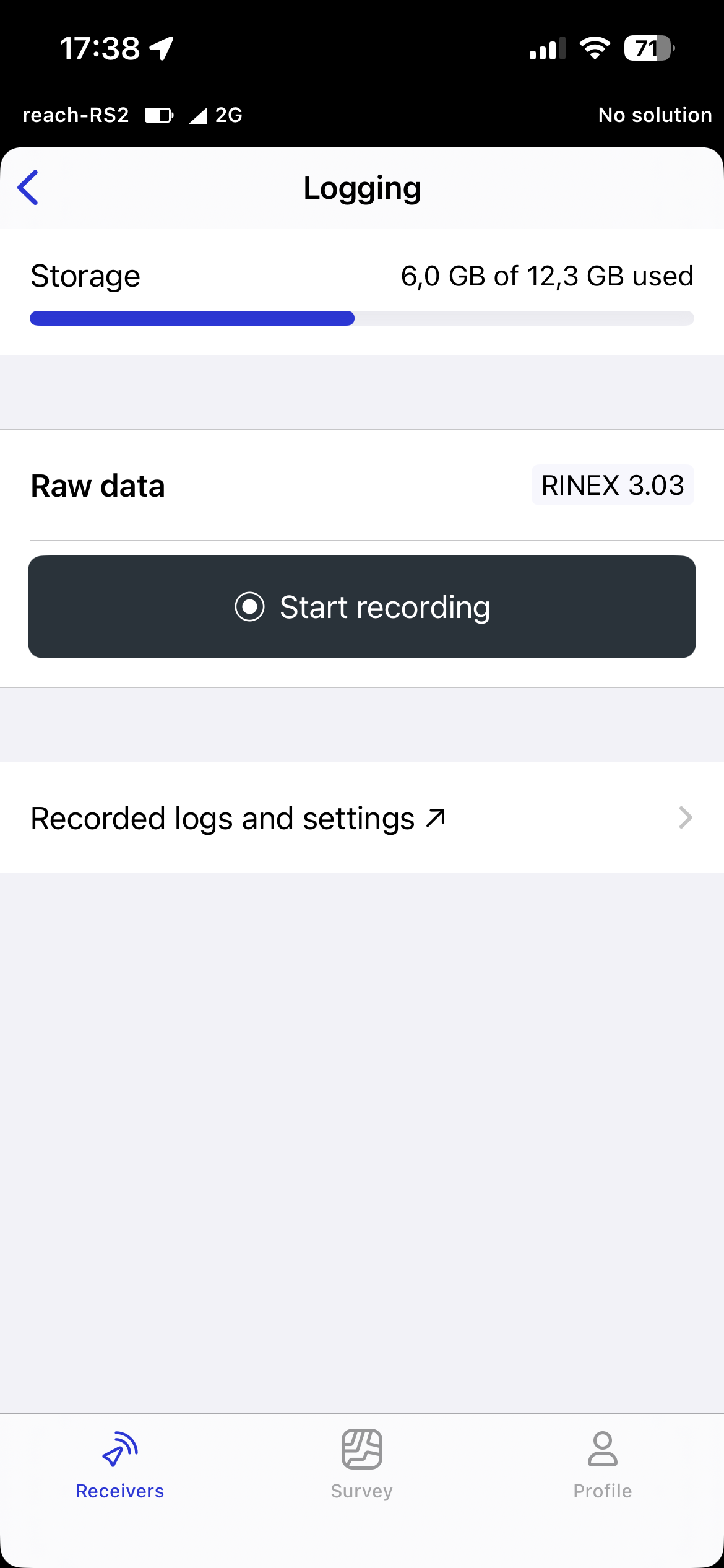 Emlid Flow Logging screen with Start recording button