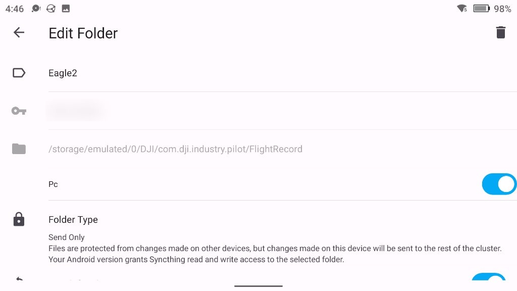 Syncthing-Fork on a DJI RC Pro showing an Edit Folder screen: label 'Eagle2', the FlightRecord path /storage/emulated/0/DJI/com.dji.industry.pilot/FlightRecord, the PC device toggled on in the device list, and Folder Type set to Send Only.